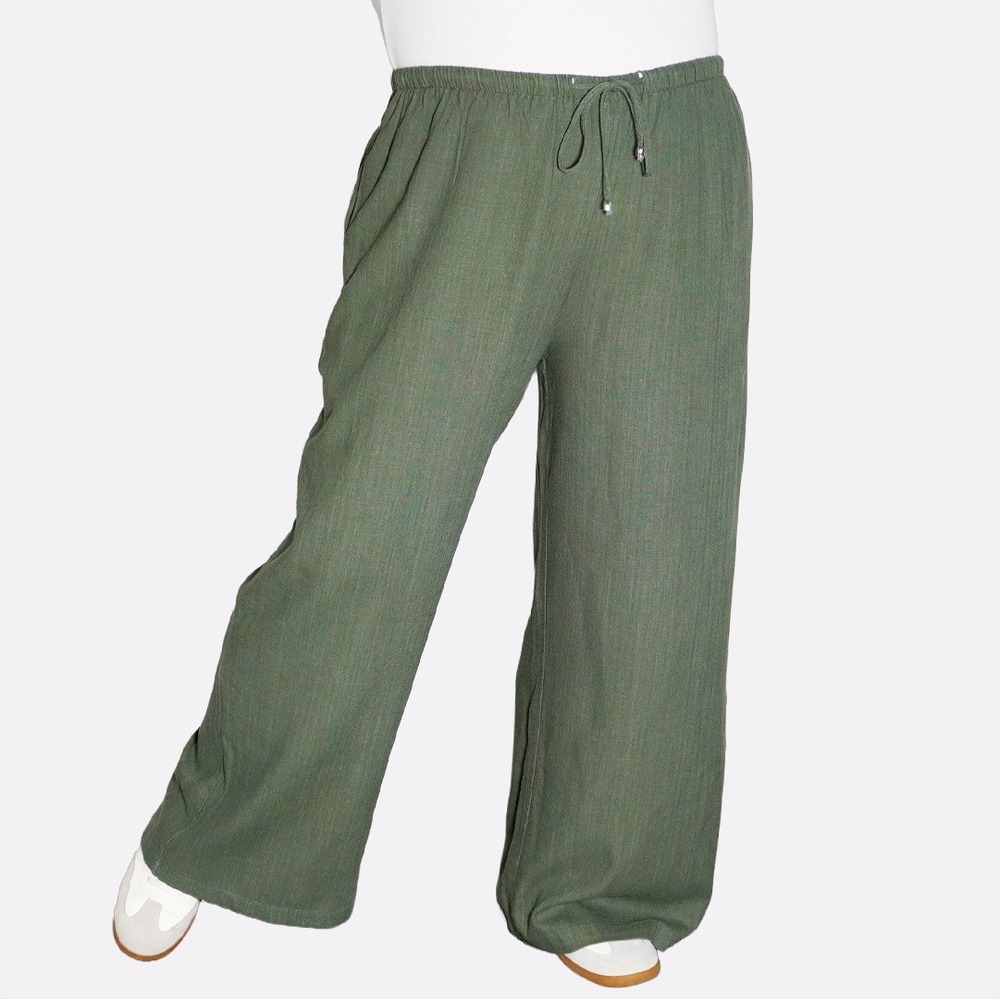Princess Polly Sage Green Linen Blend Wide‎ Leg Pants Boho Chic Plus Size 1X XL